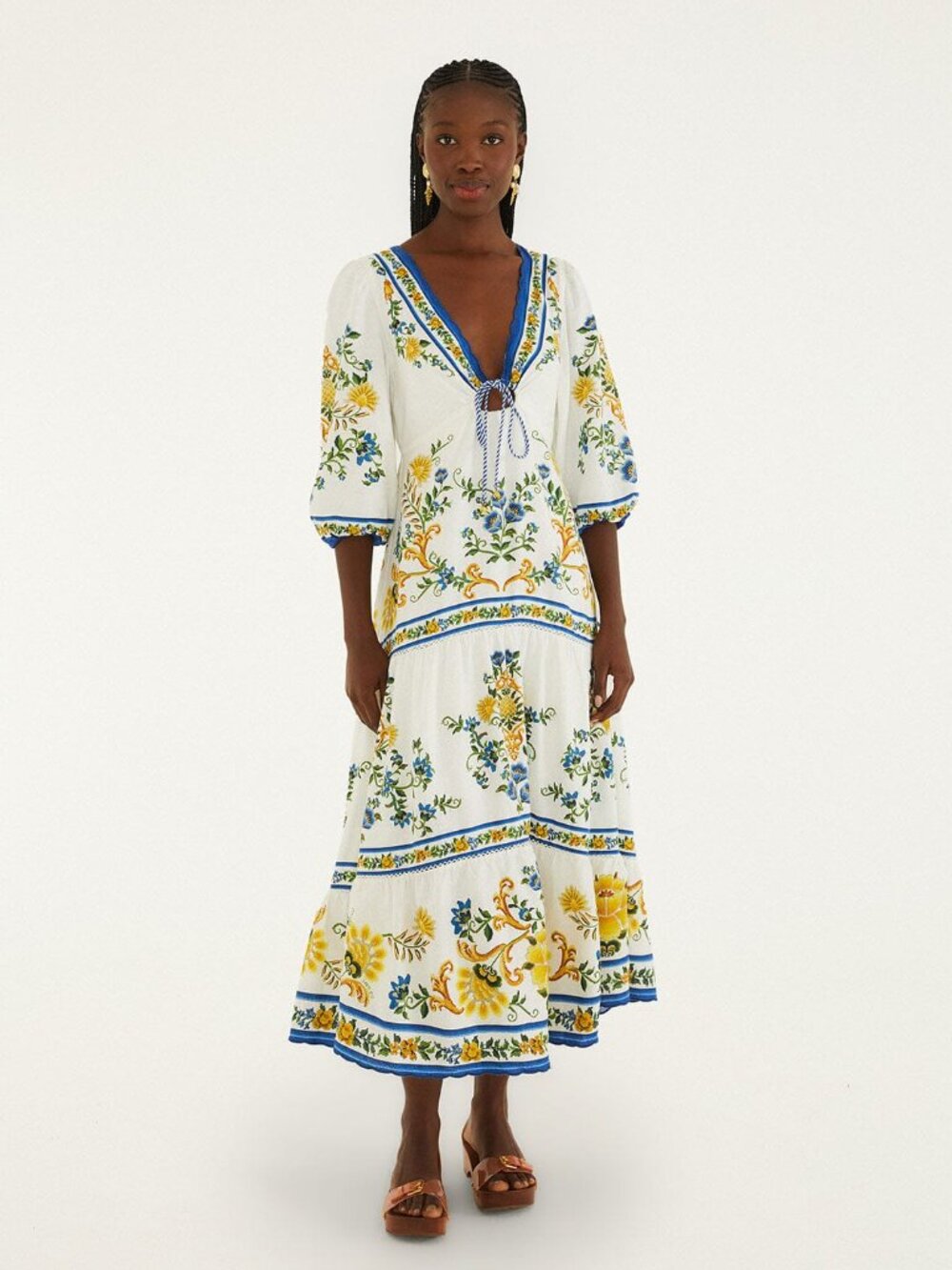 Farm Rio: Off-white emily floral tapestry drawstring midi dress